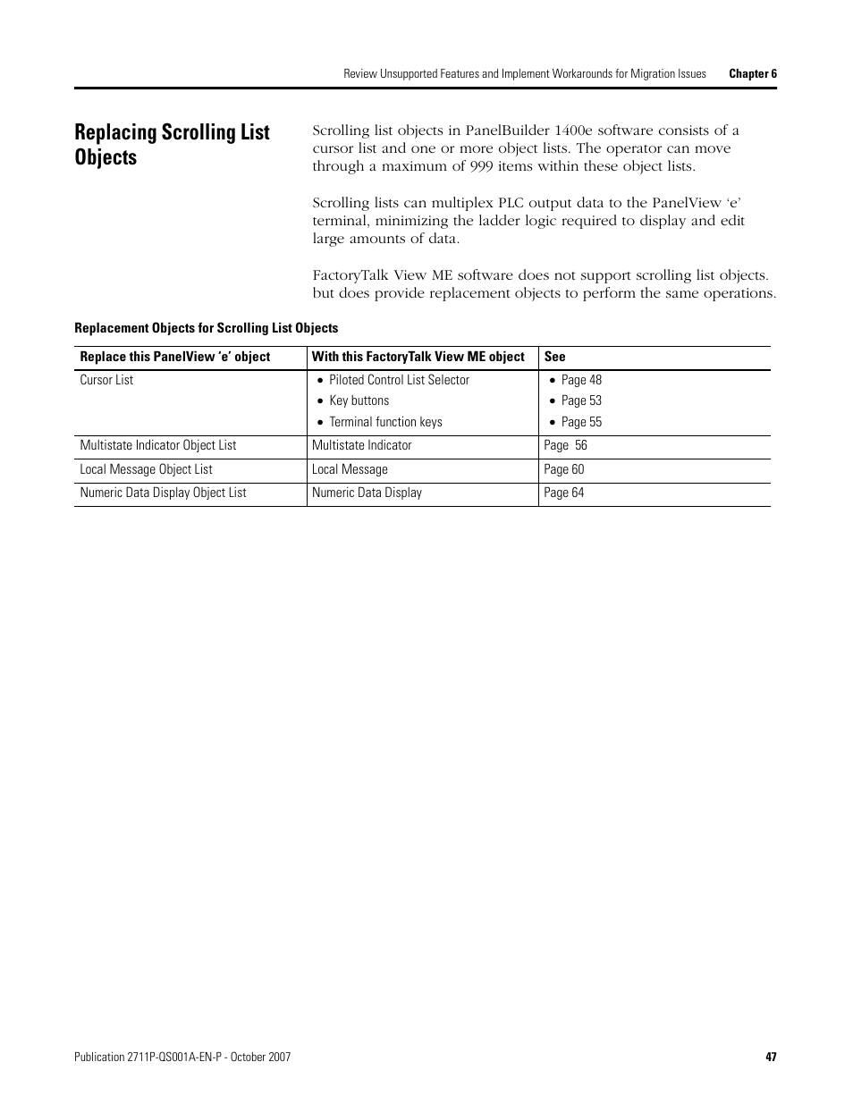 Replacing scrolling list objects, Replacing scrolling list, Objects | Age 47 | Rockwell Automation Migrating PanelView Enhanced Terminal Applications User Manual | Page 47 / 160