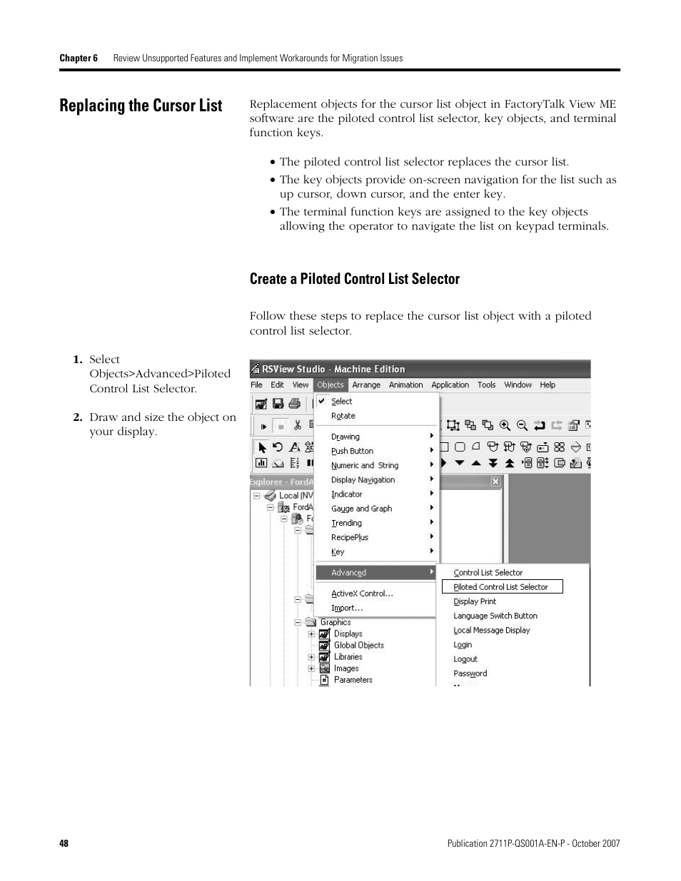 Replacing the cursor list, Create a piloted control list selector, Age 48 | Rockwell Automation Migrating PanelView Enhanced Terminal Applications User Manual | Page 48 / 160