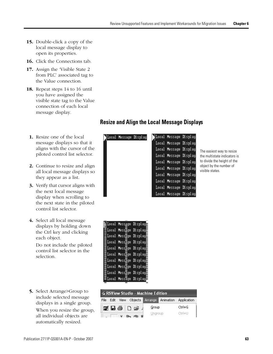 Resize and align the local message displays | Rockwell Automation Migrating PanelView Enhanced Terminal Applications User Manual | Page 63 / 160