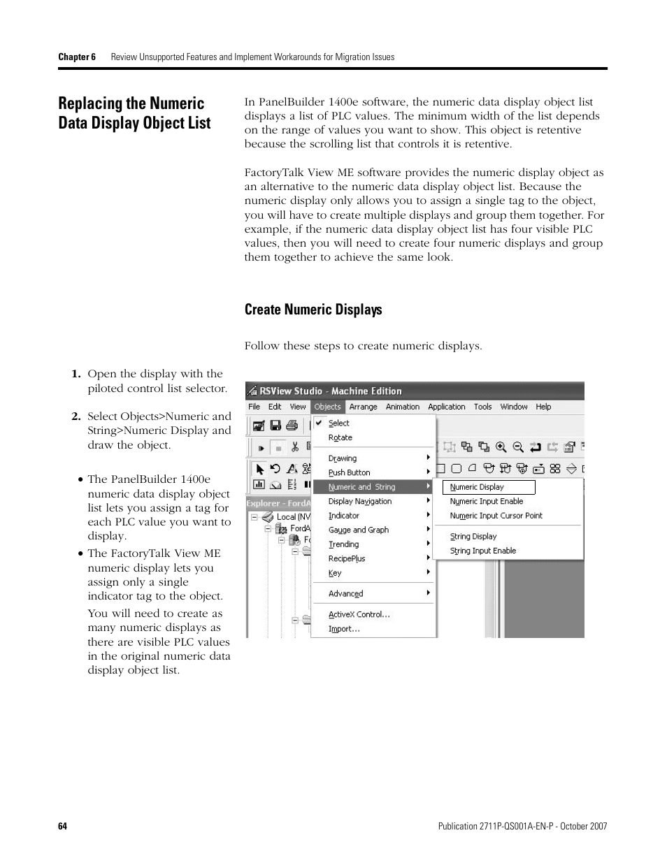 Replacing the numeric data display object list, Create numeric displays, Replacing the numeric | Data display object list, Age 64 | Rockwell Automation Migrating PanelView Enhanced Terminal Applications User Manual | Page 64 / 160