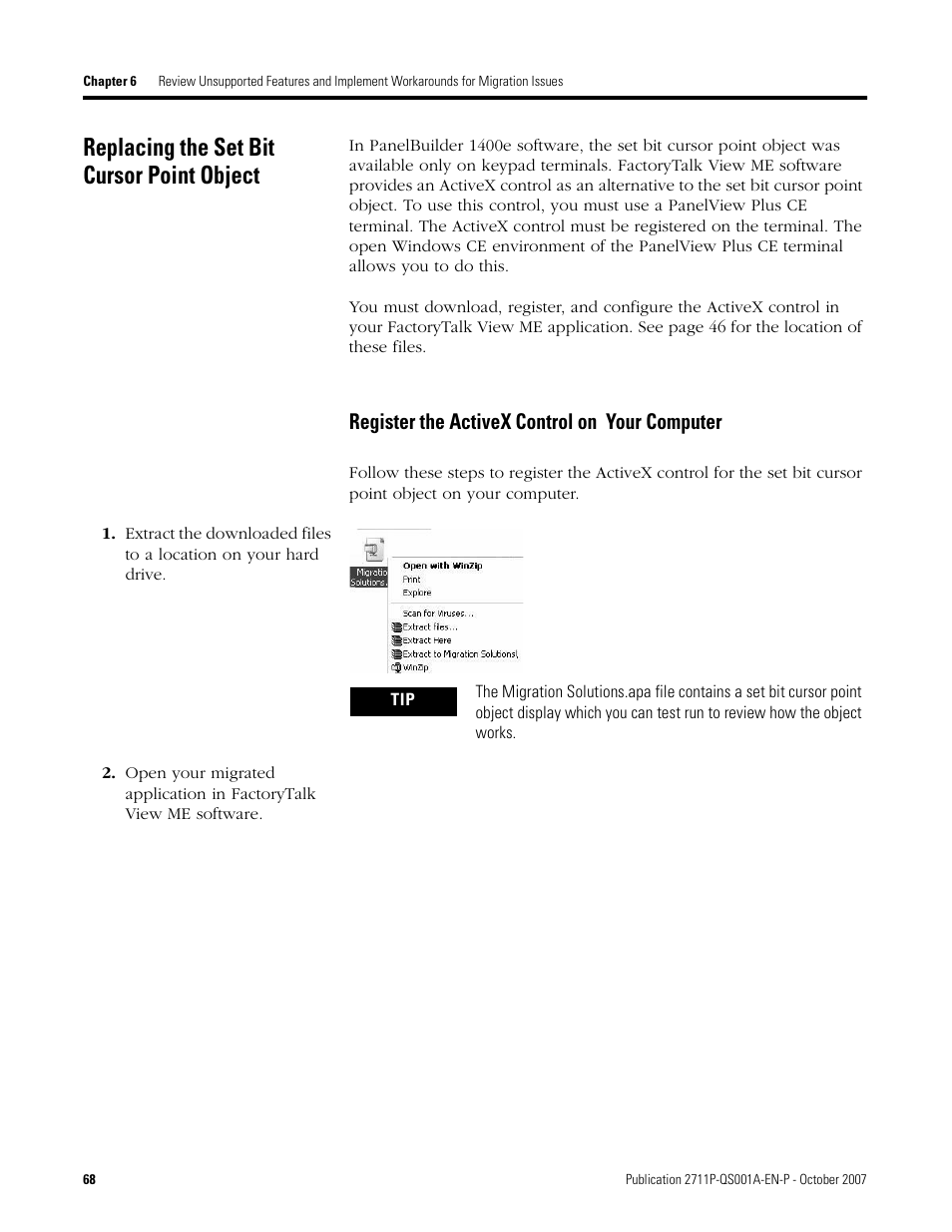 Replacing the set bit cursor point object, Register the activex control on your computer, Replacing the set bit | Cursor point object | Rockwell Automation Migrating PanelView Enhanced Terminal Applications User Manual | Page 68 / 160