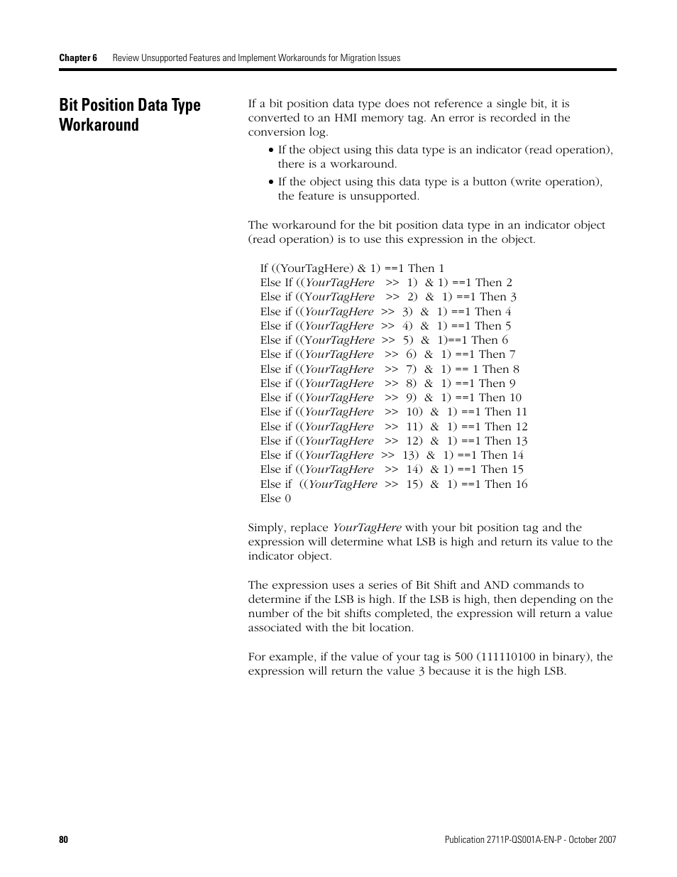 Bit position data type workaround, Bit position data type, Workaround | Ge 80 | Rockwell Automation Migrating PanelView Enhanced Terminal Applications User Manual | Page 80 / 160