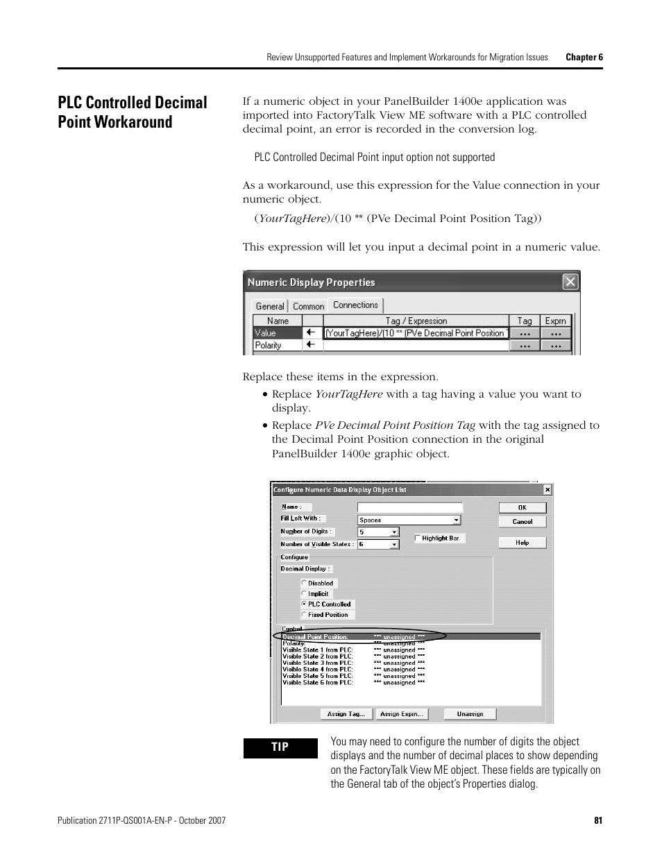 Plc controlled decimal point workaround, Plc controlled decimal, Point workaround | Ge 81 | Rockwell Automation Migrating PanelView Enhanced Terminal Applications User Manual | Page 81 / 160