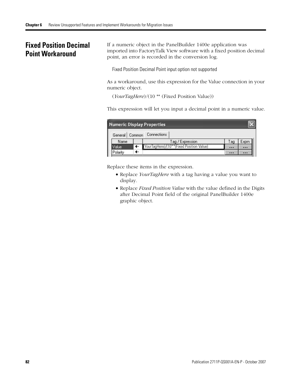 Fixed position decimal point workaround, Fixed position decimal, Point workaround | Age 82 | Rockwell Automation Migrating PanelView Enhanced Terminal Applications User Manual | Page 82 / 160