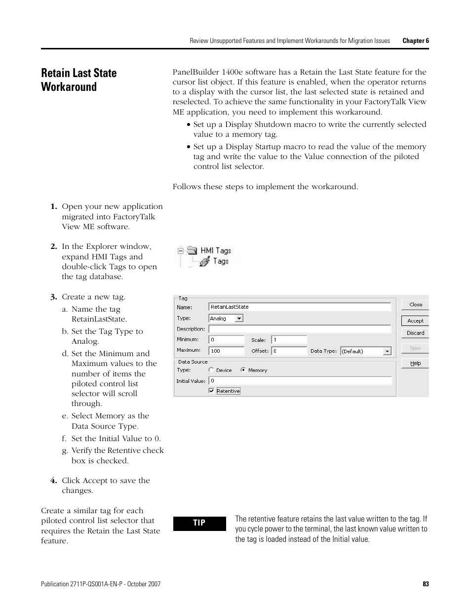Retain last state workaround, Retain last state, Workaround | Ge 83 | Rockwell Automation Migrating PanelView Enhanced Terminal Applications User Manual | Page 83 / 160