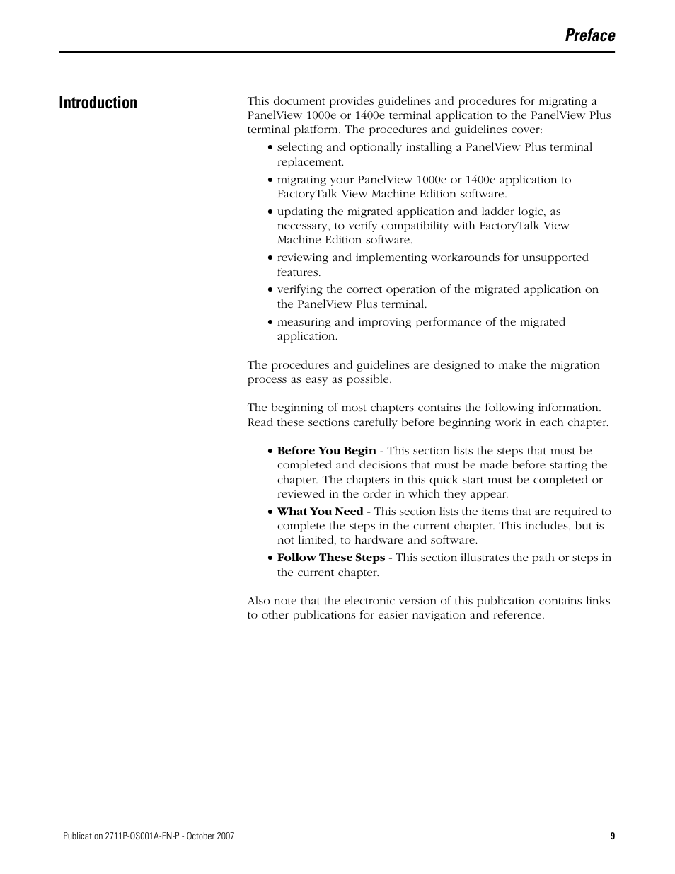 Preface, Introduction, Preface introduction | Rockwell Automation Migrating PanelView Enhanced Terminal Applications User Manual | Page 9 / 160