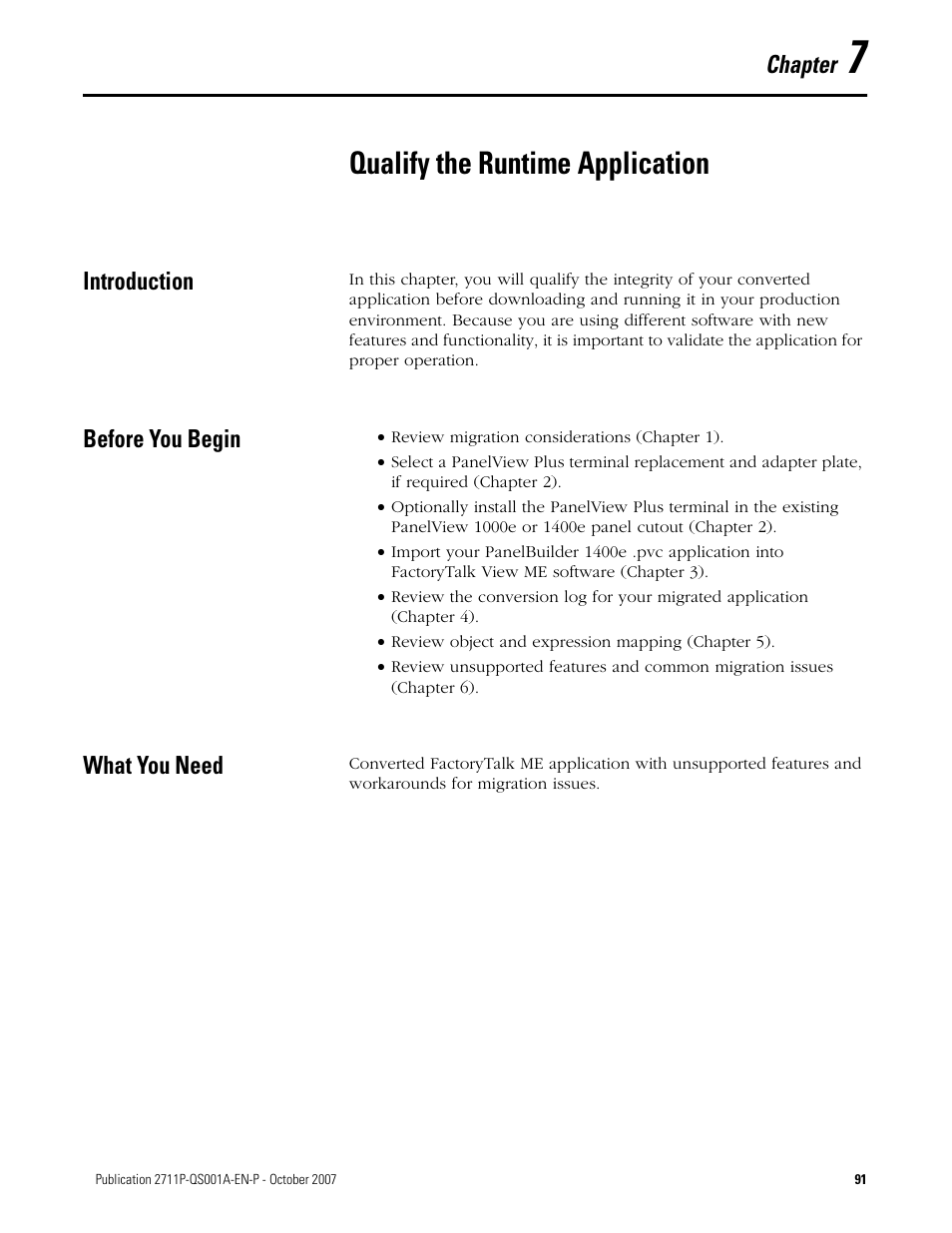 7 - qualify the runtime application, Introduction, Before you begin | What you need, Chapter 7, Qualify the runtime application, Introduction before you begin what you need, Chapter | Rockwell Automation Migrating PanelView Enhanced Terminal Applications User Manual | Page 91 / 160