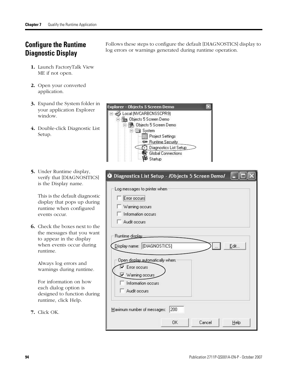 Configure the runtime diagnostic display, Configure the runtime, Diagnostic display | Age 94 | Rockwell Automation Migrating PanelView Enhanced Terminal Applications User Manual | Page 94 / 160