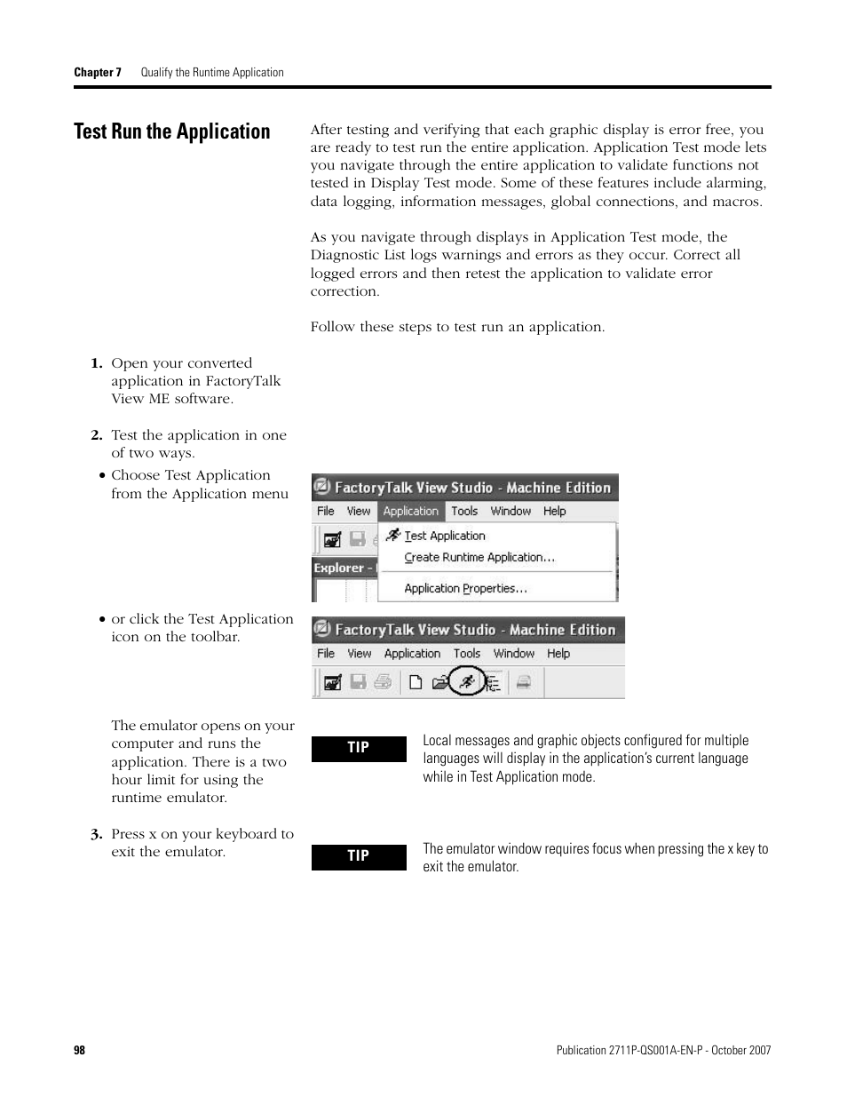 Test run the application, Age 98 | Rockwell Automation Migrating PanelView Enhanced Terminal Applications User Manual | Page 98 / 160