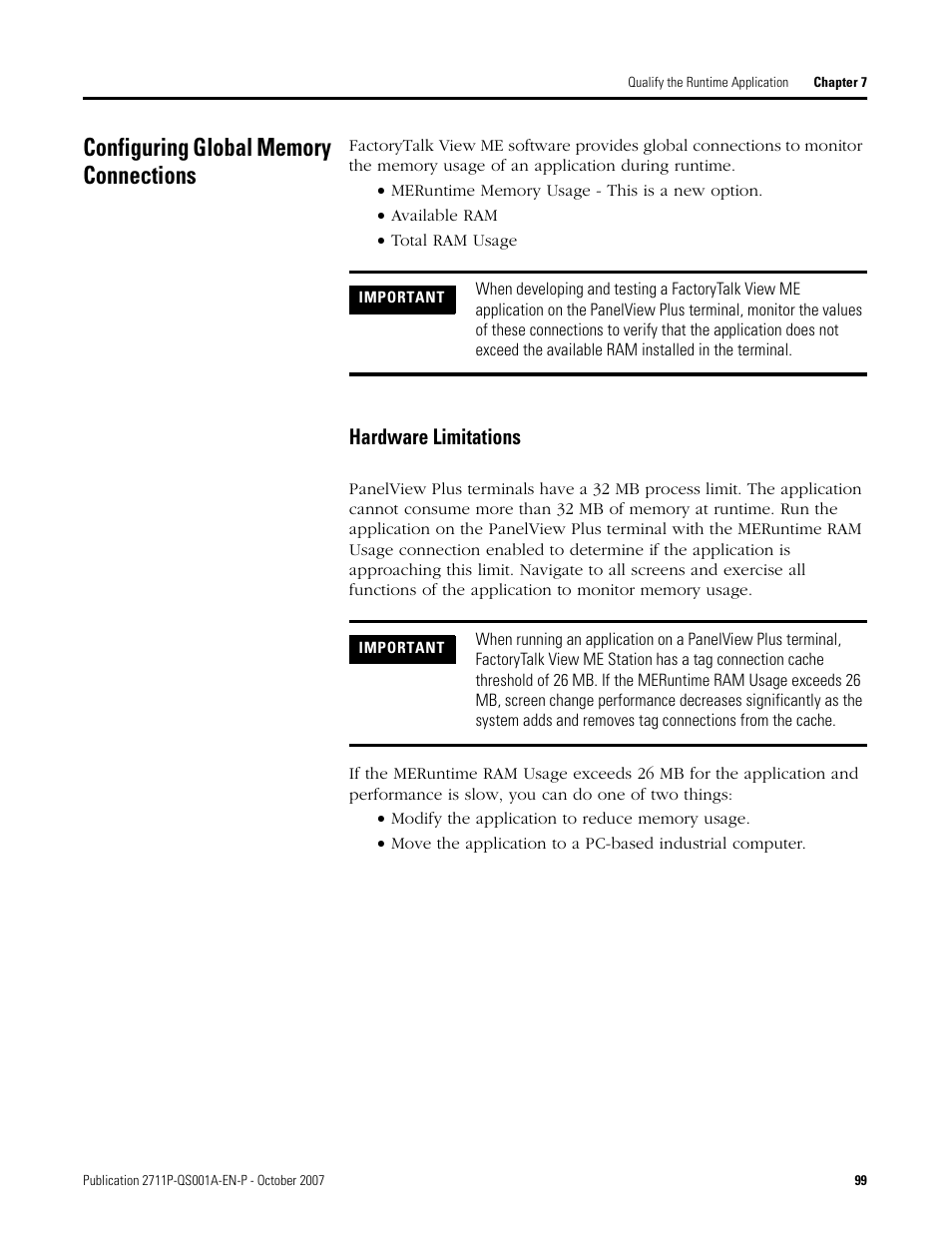 Configuring global memory connections, Hardware limitations, Age 99 | Configuring global, Memory connections | Rockwell Automation Migrating PanelView Enhanced Terminal Applications User Manual | Page 99 / 160