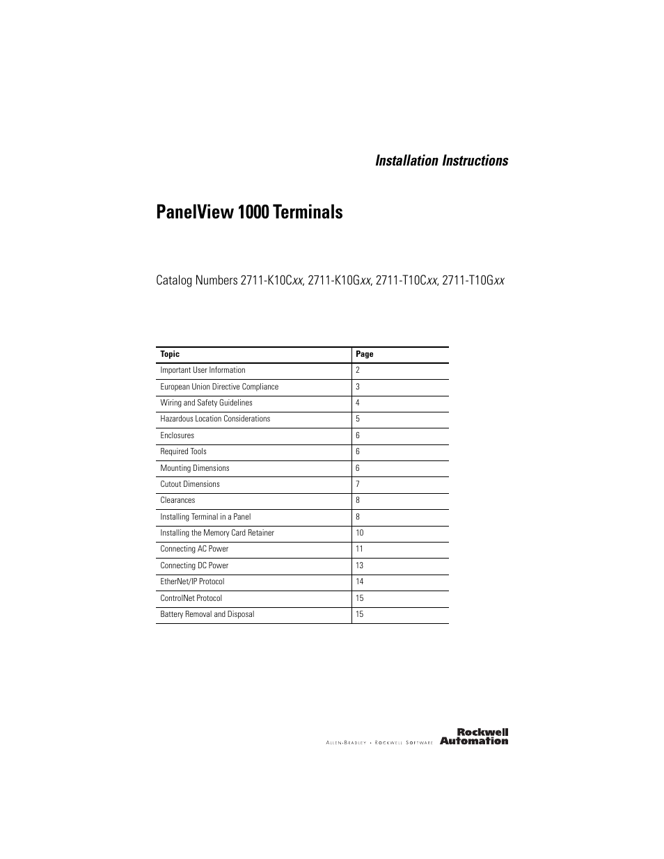 Rockwell Automation 2711-PV1000 PanelView 1000 Terminals User Manual | 20 pages