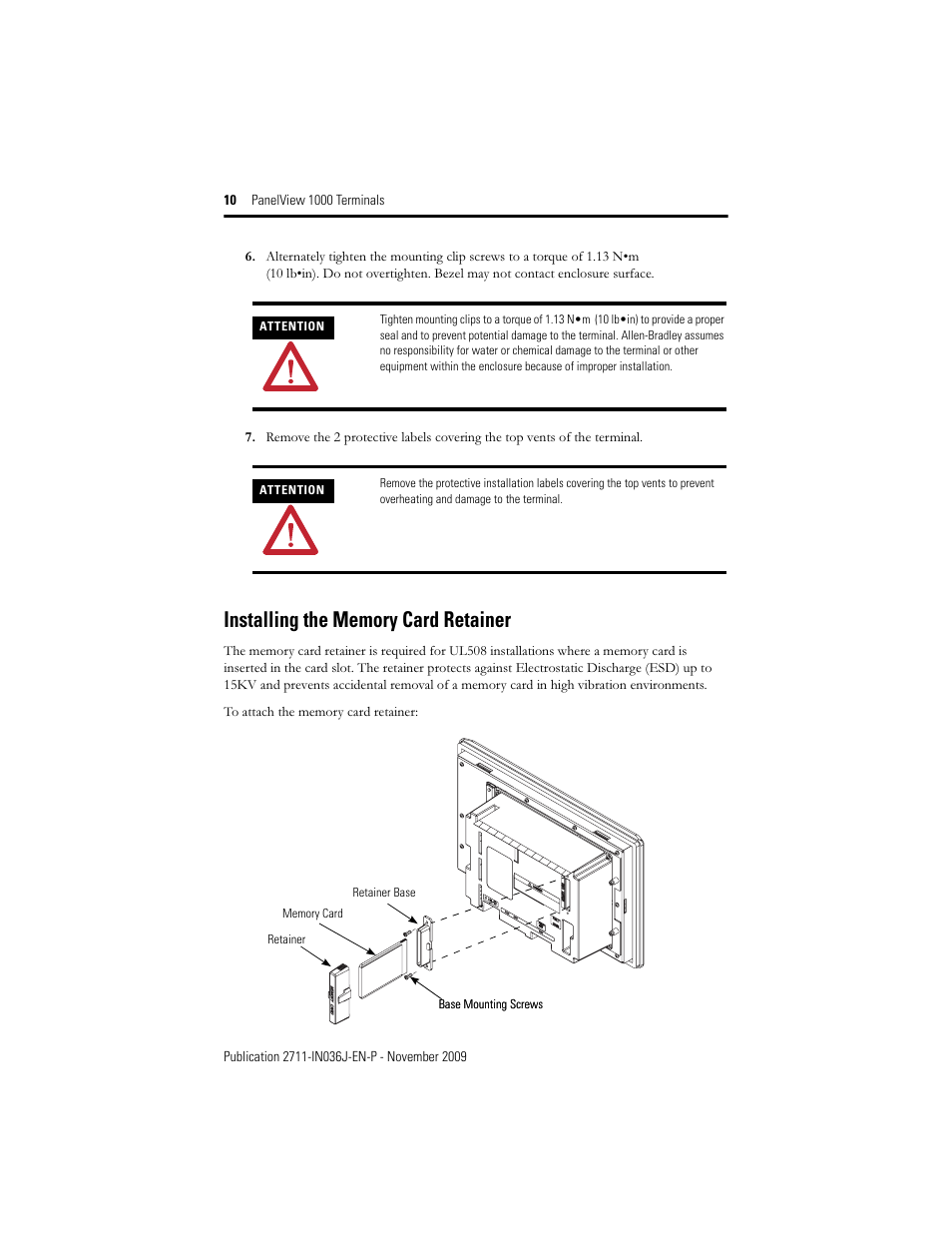 Installing the memory card retainer | Rockwell Automation 2711-PV1000 PanelView 1000 Terminals User Manual | Page 10 / 20
