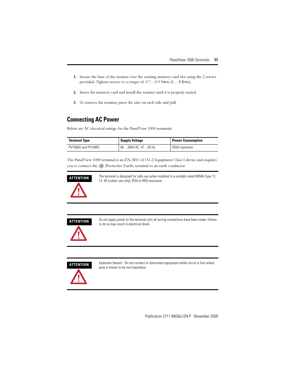 Connecting ac power | Rockwell Automation 2711-PV1000 PanelView 1000 Terminals User Manual | Page 11 / 20