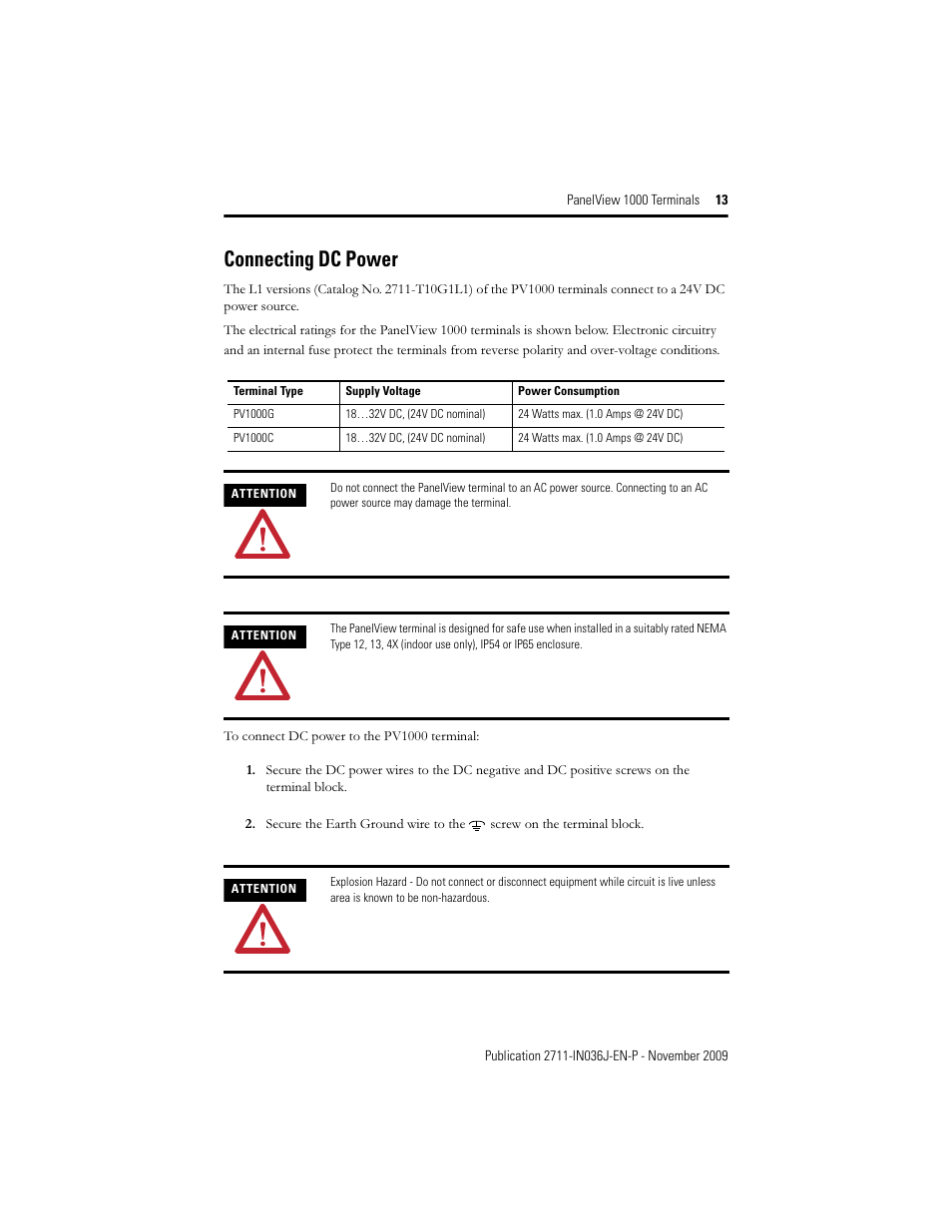 Connecting dc power | Rockwell Automation 2711-PV1000 PanelView 1000 Terminals User Manual | Page 13 / 20