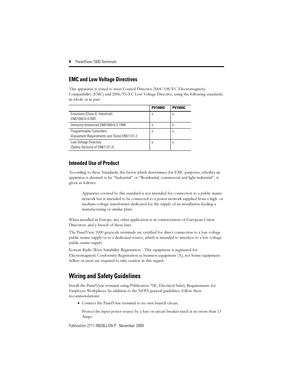 Wiring and safety guidelines, Emc and low voltage directives, Intended use of product | Rockwell Automation 2711-PV1000 PanelView 1000 Terminals User Manual | Page 4 / 20
