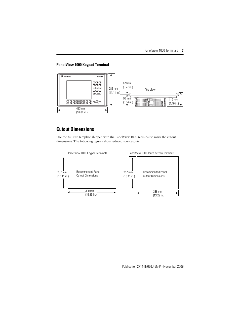 Cutout dimensions | Rockwell Automation 2711-PV1000 PanelView 1000 Terminals User Manual | Page 7 / 20