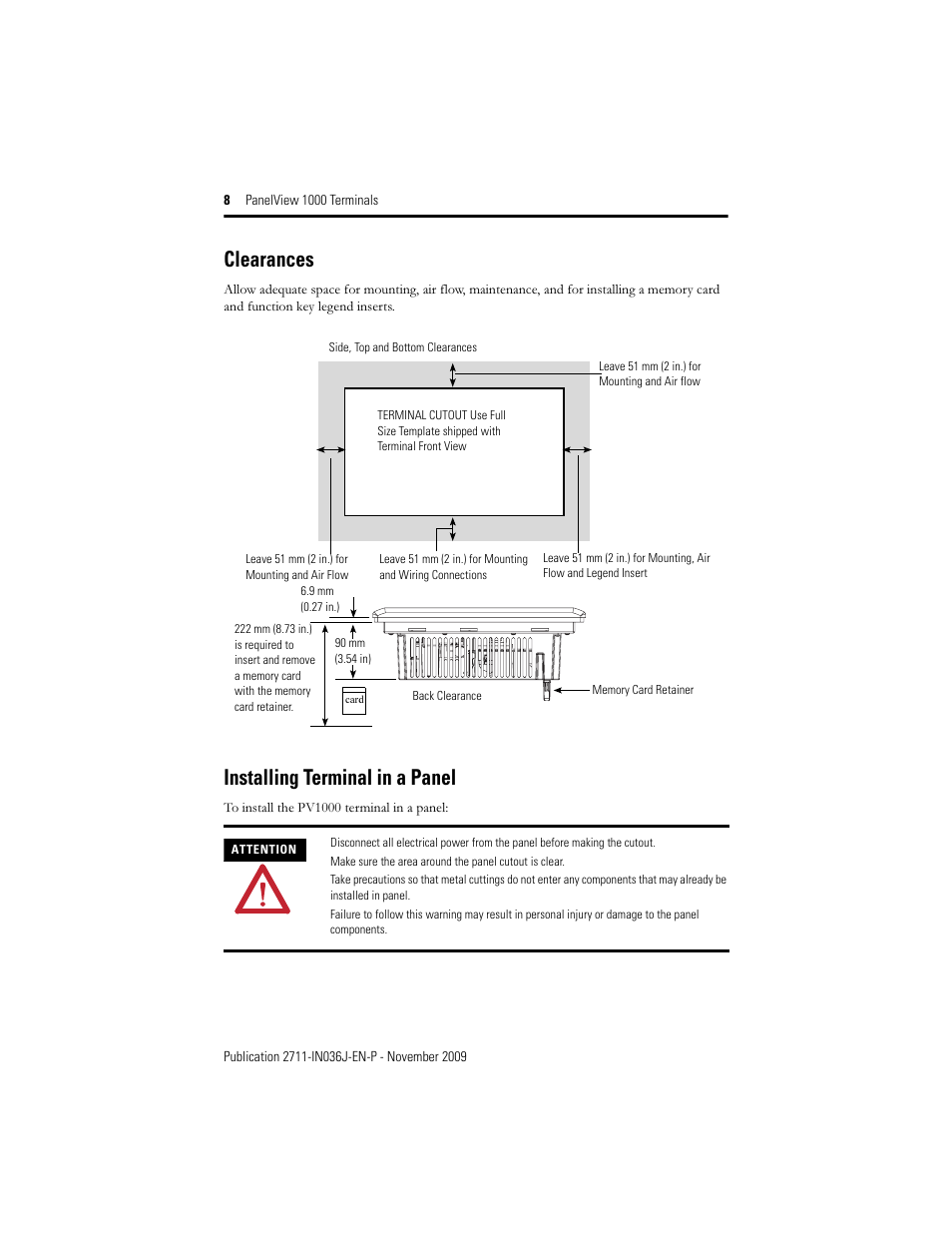 Clearances, Installing terminal in a panel | Rockwell Automation 2711-PV1000 PanelView 1000 Terminals User Manual | Page 8 / 20