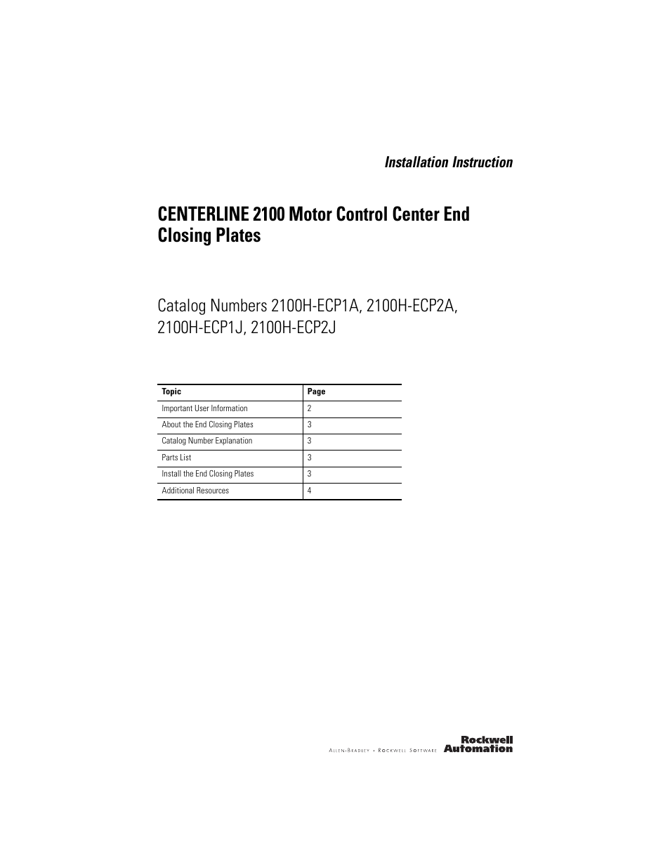 Rockwell Automation 2100H-ECPxx CENTERLINE Motor Control Center End Closing Plates User Manual | 4 pages