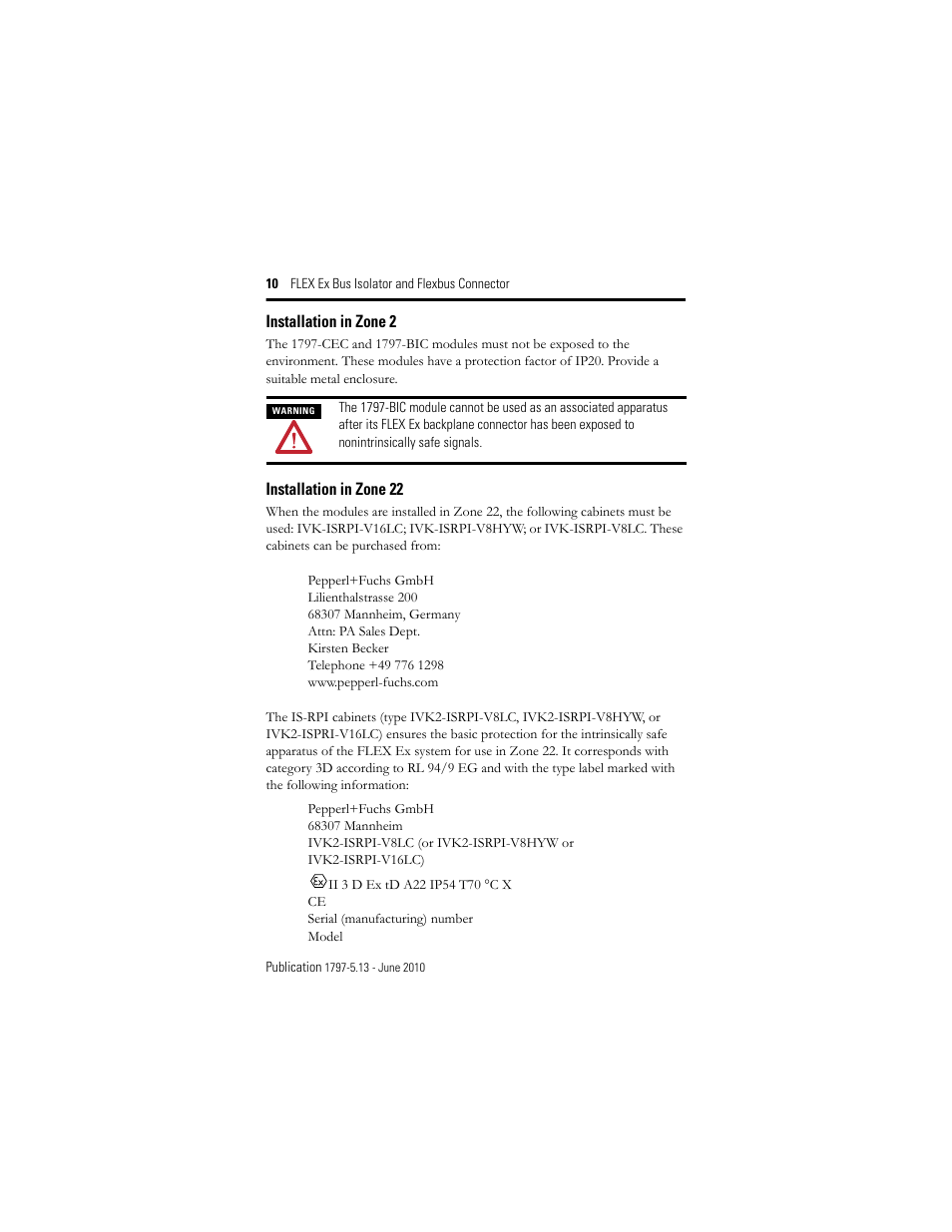 Installation in zone 2, Installation in zone 22 | Rockwell Automation 1797-CEC FLEX Ex Bus Isolator and Flexbus Connector User Manual | Page 10 / 28