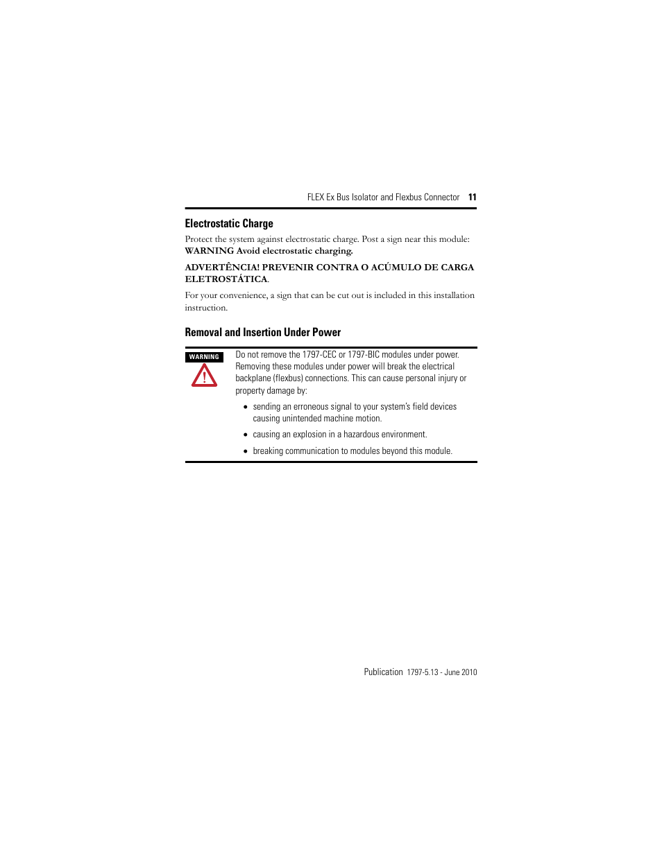 Electrostatic charge, Removal and insertion under power | Rockwell Automation 1797-CEC FLEX Ex Bus Isolator and Flexbus Connector User Manual | Page 11 / 28
