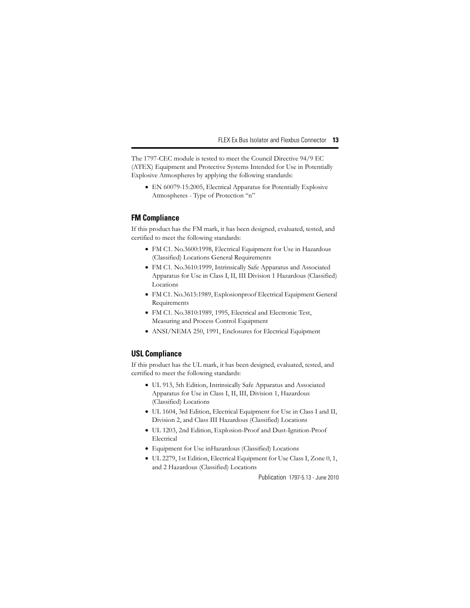 Fm compliance, Usl compliance | Rockwell Automation 1797-CEC FLEX Ex Bus Isolator and Flexbus Connector User Manual | Page 13 / 28