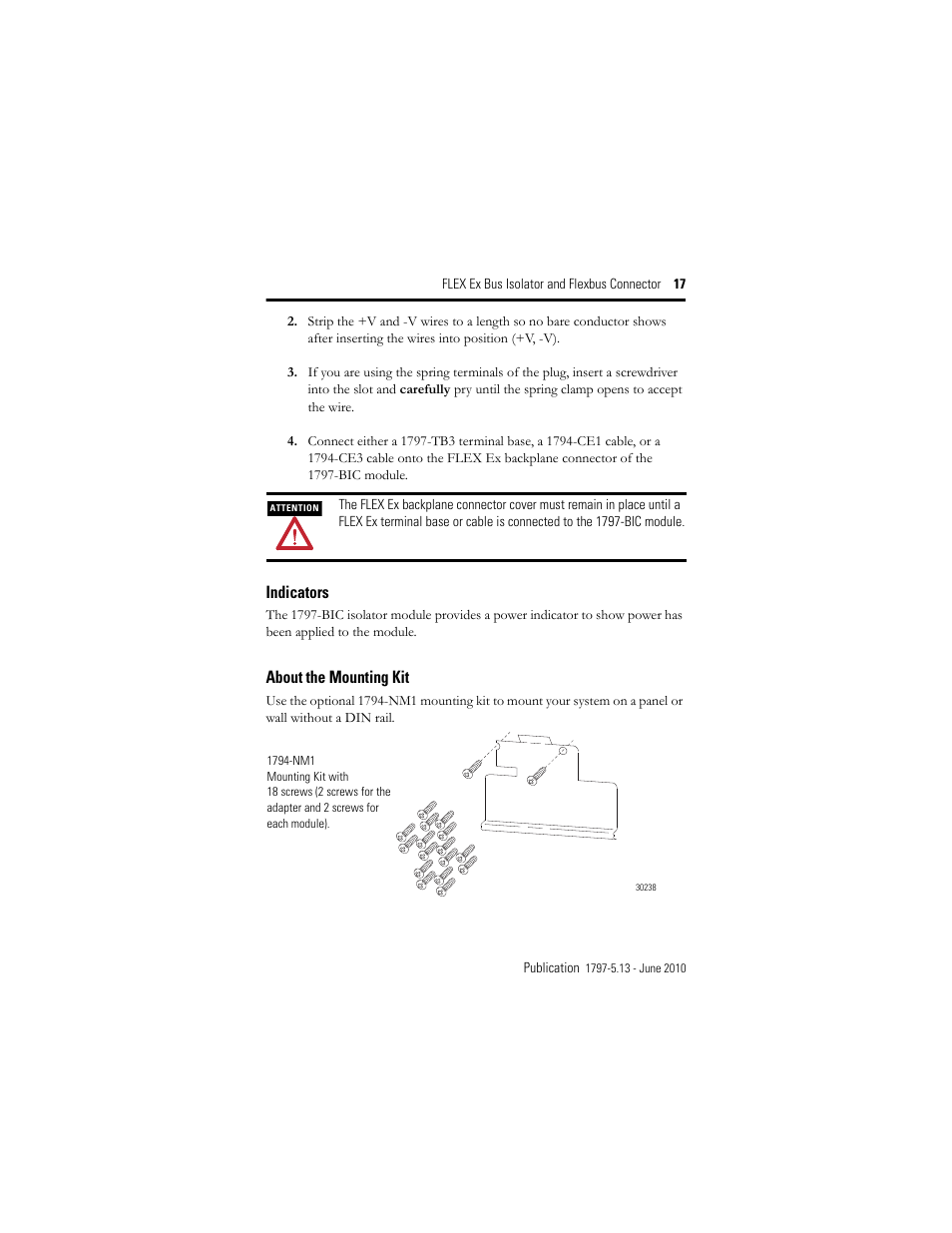 Indicators, About the mounting kit | Rockwell Automation 1797-CEC FLEX Ex Bus Isolator and Flexbus Connector User Manual | Page 17 / 28