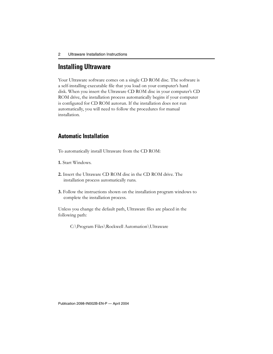 Installing ultraware, Automatic installation | Rockwell Automation 2098-UWCPRG Ultraware Installation Instructions User Manual | Page 2 / 4