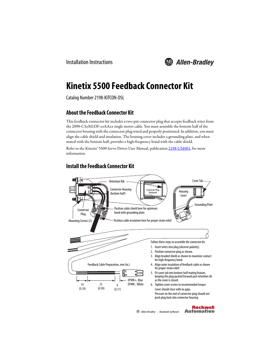 Rockwell Automation 2198-KITCON-DSL Kinetix 5500 Feedback Connector Kit Installation Instructions User Manual | 2 pages