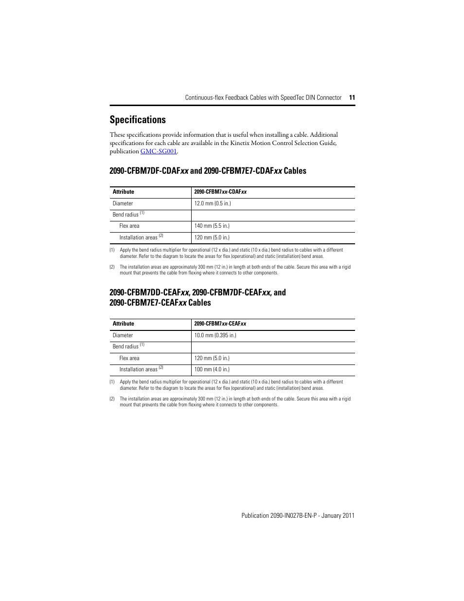 Specifications, 2090-cfbm7df-cdafxx and 2090-cfbm7e7-cdafxx cables, Specifications 11 | Specifications on | Rockwell Automation 2090-CFxxx Continuous-flex Feedback Cables with SpeedTec DIN Conn Installation Instr User Manual | Page 11 / 12