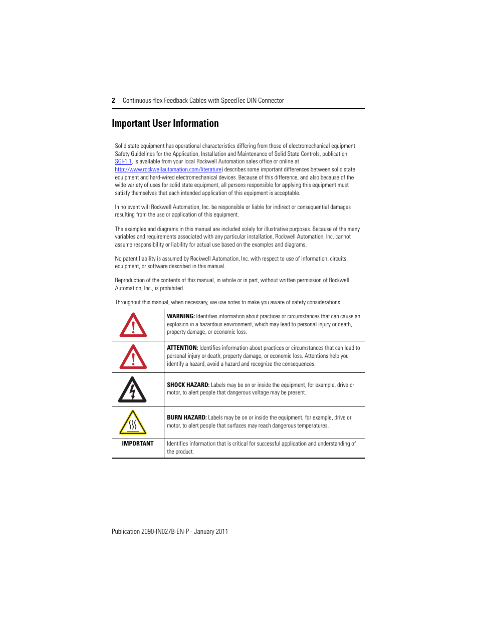 Important user information | Rockwell Automation 2090-CFxxx Continuous-flex Feedback Cables with SpeedTec DIN Conn Installation Instr User Manual | Page 2 / 12