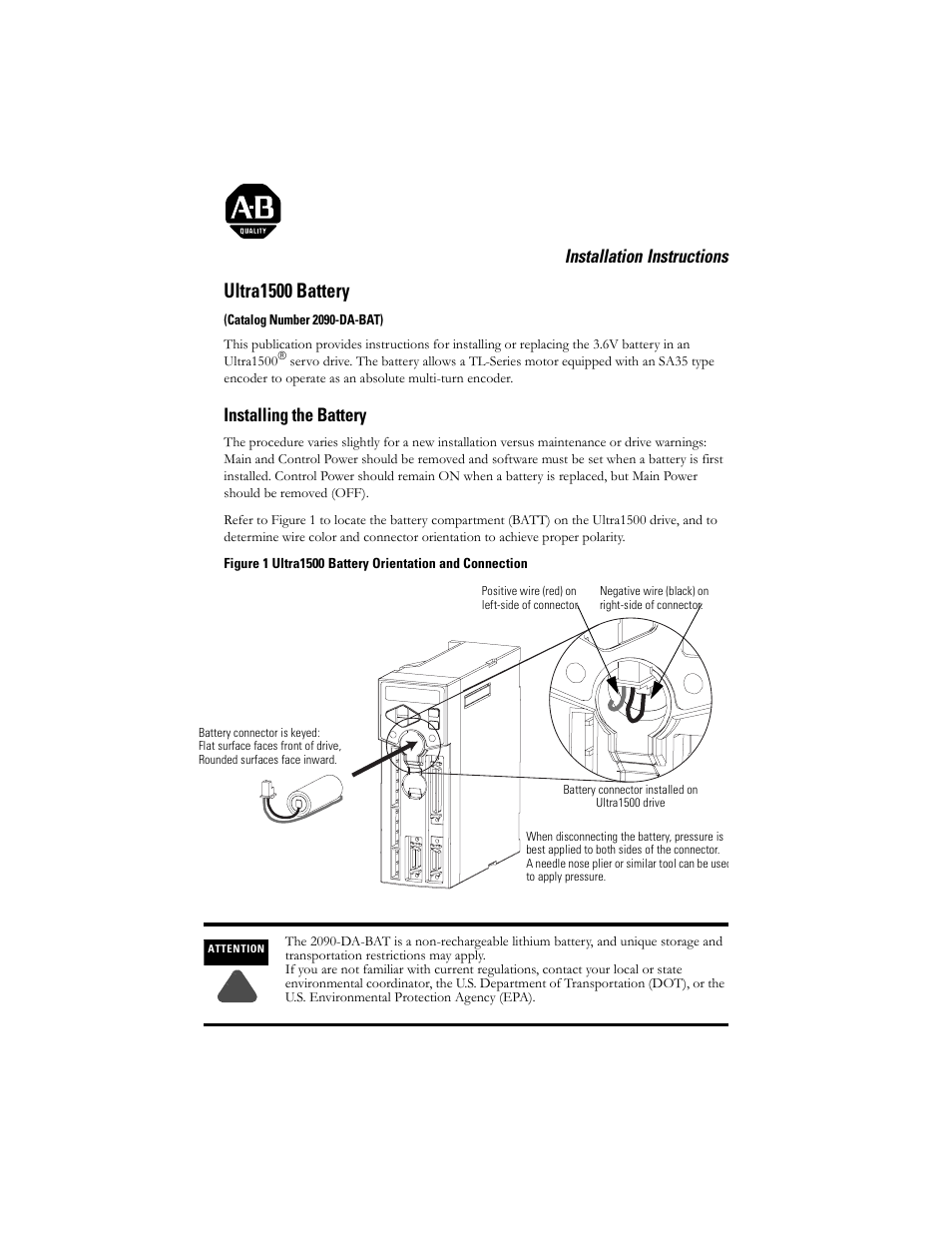 Rockwell Automation 2092-DA-BAT Ultra1500 Battery User Manual | 2 pages