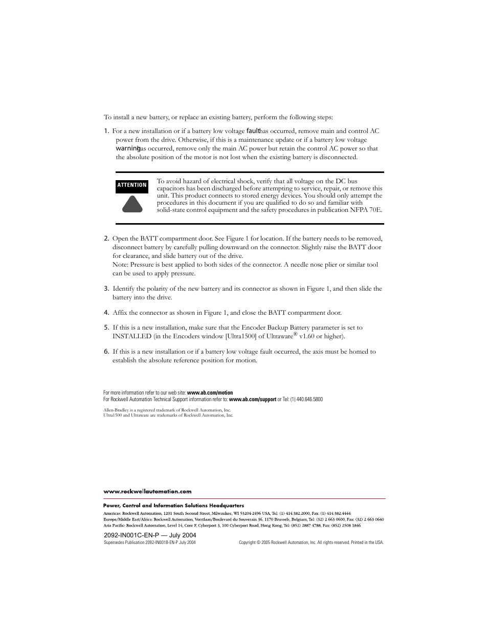 Web sites, Literature library, Motion control, integrated | Rockwell automation - home, Technical support | Rockwell Automation 2092-DA-BAT Ultra1500 Battery User Manual | Page 2 / 2