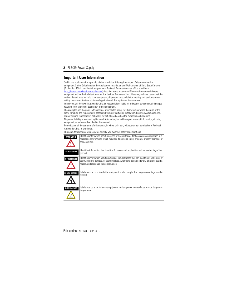 Important user information, 2 flex ex power supply publication | Rockwell Automation 1797-PS2E2 FLEX Ex Power Supply User Manual | Page 2 / 16