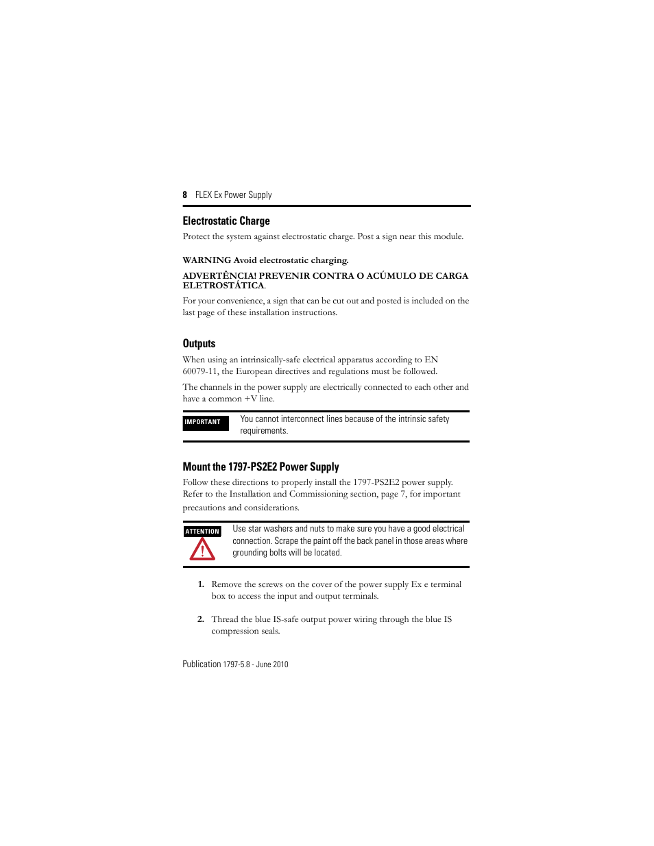 Electrostatic charge, Outputs, Mount the 1797-ps2e2 power supply | Rockwell Automation 1797-PS2E2 FLEX Ex Power Supply User Manual | Page 8 / 16