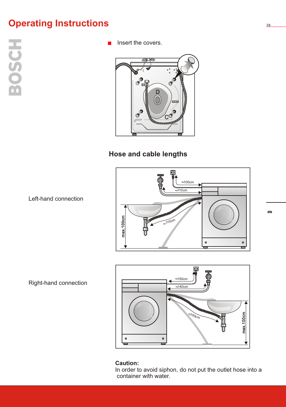 Т³ 40, Operating instructions, Hose and cable lengths | Insert the covers | Bosch WVT 52458 User Manual | Page 40 / 49