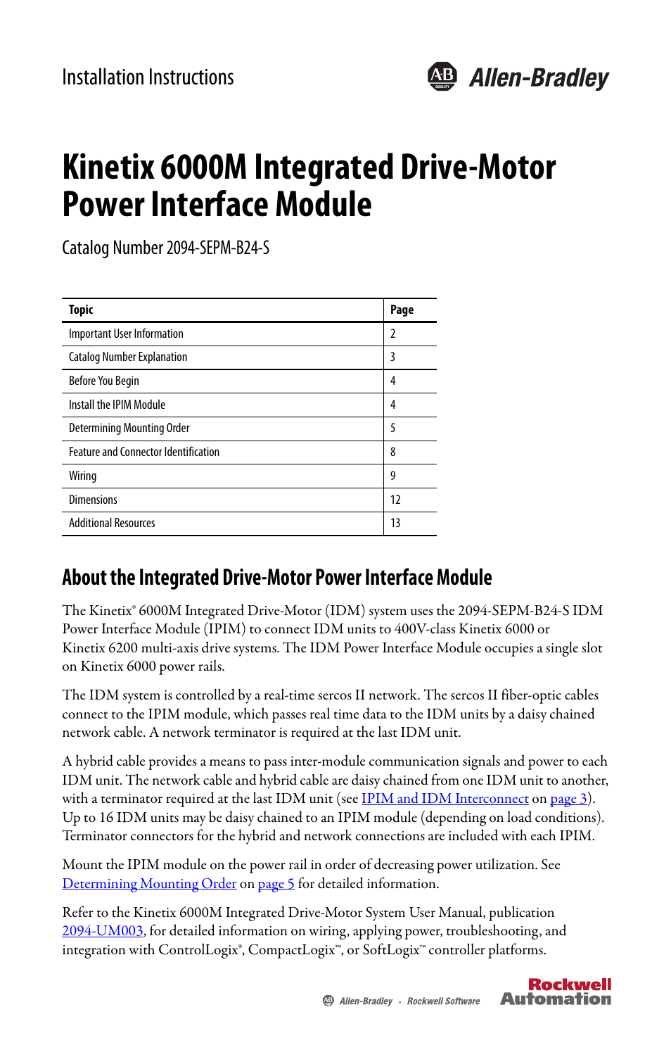 Rockwell Automation 2094-SEPM-B24-S Kinetix 6000M IDM Power Interface Module User Manual | 16 pages