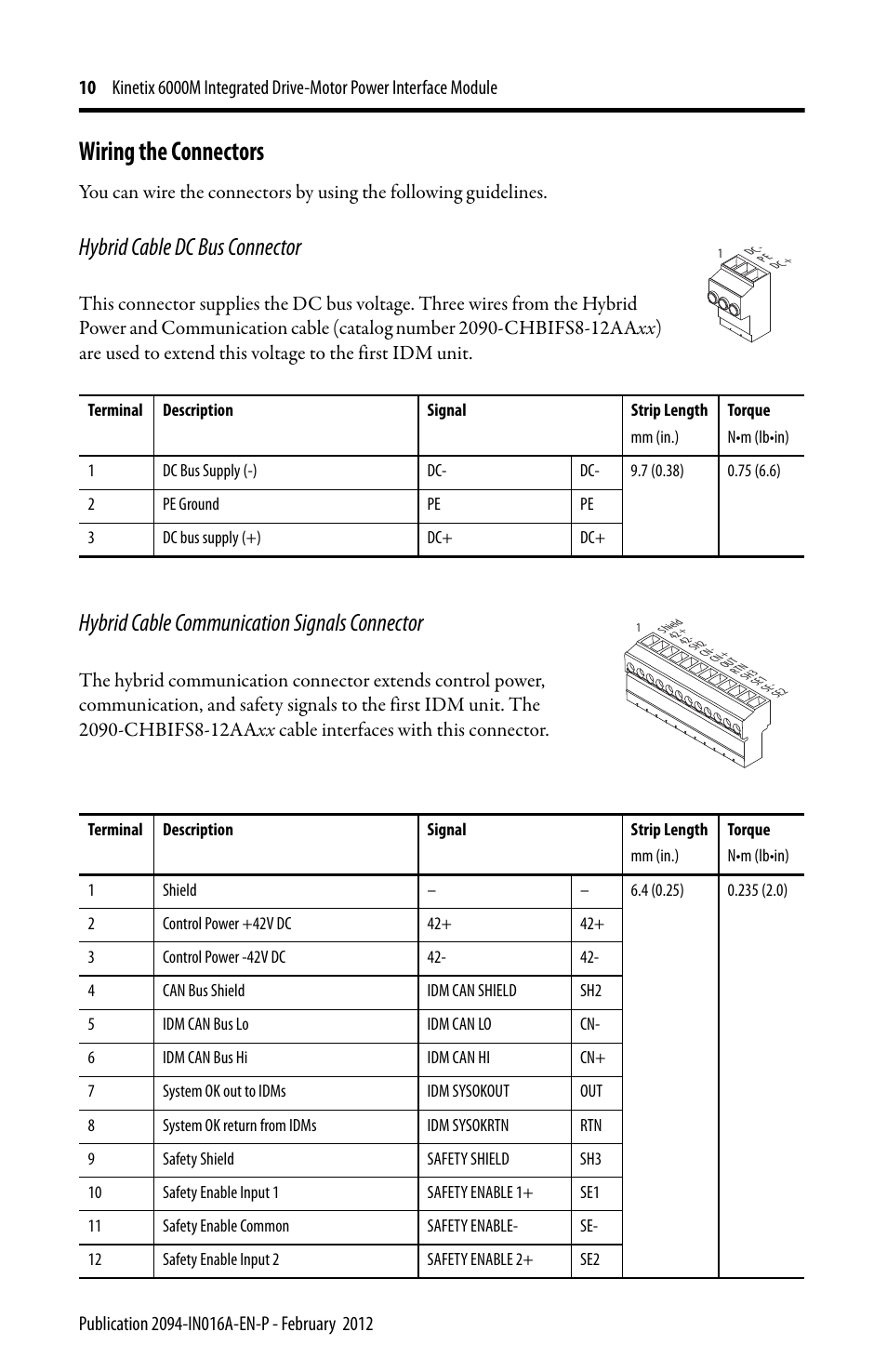 Wiring the connectors, Hybrid cable dc bus connector, Hybrid cable communication signals connector | Rockwell Automation 2094-SEPM-B24-S Kinetix 6000M IDM Power Interface Module User Manual | Page 10 / 16