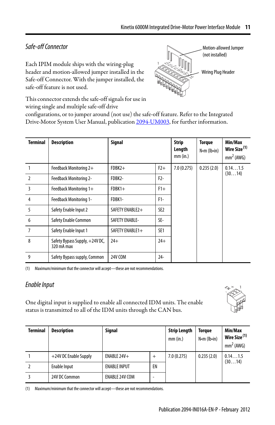 Safe-off connector, Enable input | Rockwell Automation 2094-SEPM-B24-S Kinetix 6000M IDM Power Interface Module User Manual | Page 11 / 16