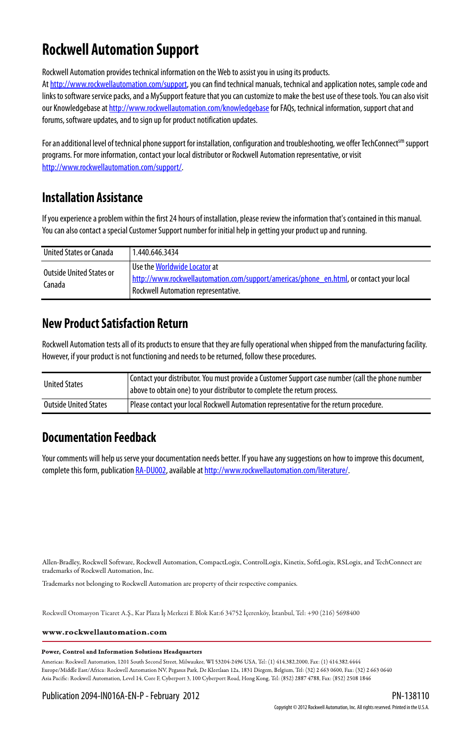 Rockwell automation support, Installation assistance, New product satisfaction return | Documentation feedback | Rockwell Automation 2094-SEPM-B24-S Kinetix 6000M IDM Power Interface Module User Manual | Page 16 / 16