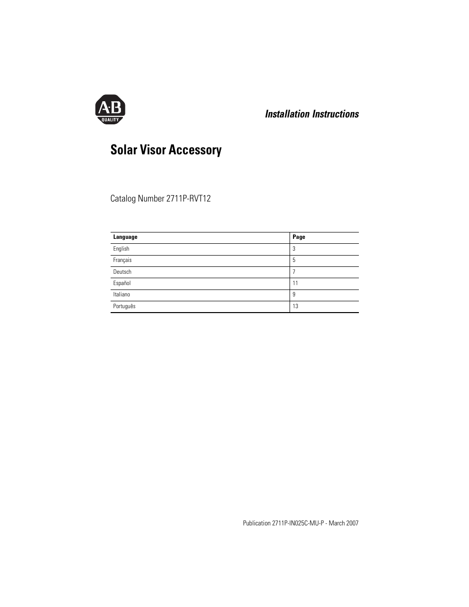 Rockwell Automation 2711P-RVT12 Solar Visor Accessory User Manual | 16 pages