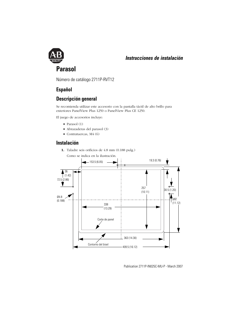 Español, Descripción general, Instalación | Parasol, Instrucciones de instalación, Español descripción general | Rockwell Automation 2711P-RVT12 Solar Visor Accessory User Manual | Page 11 / 16