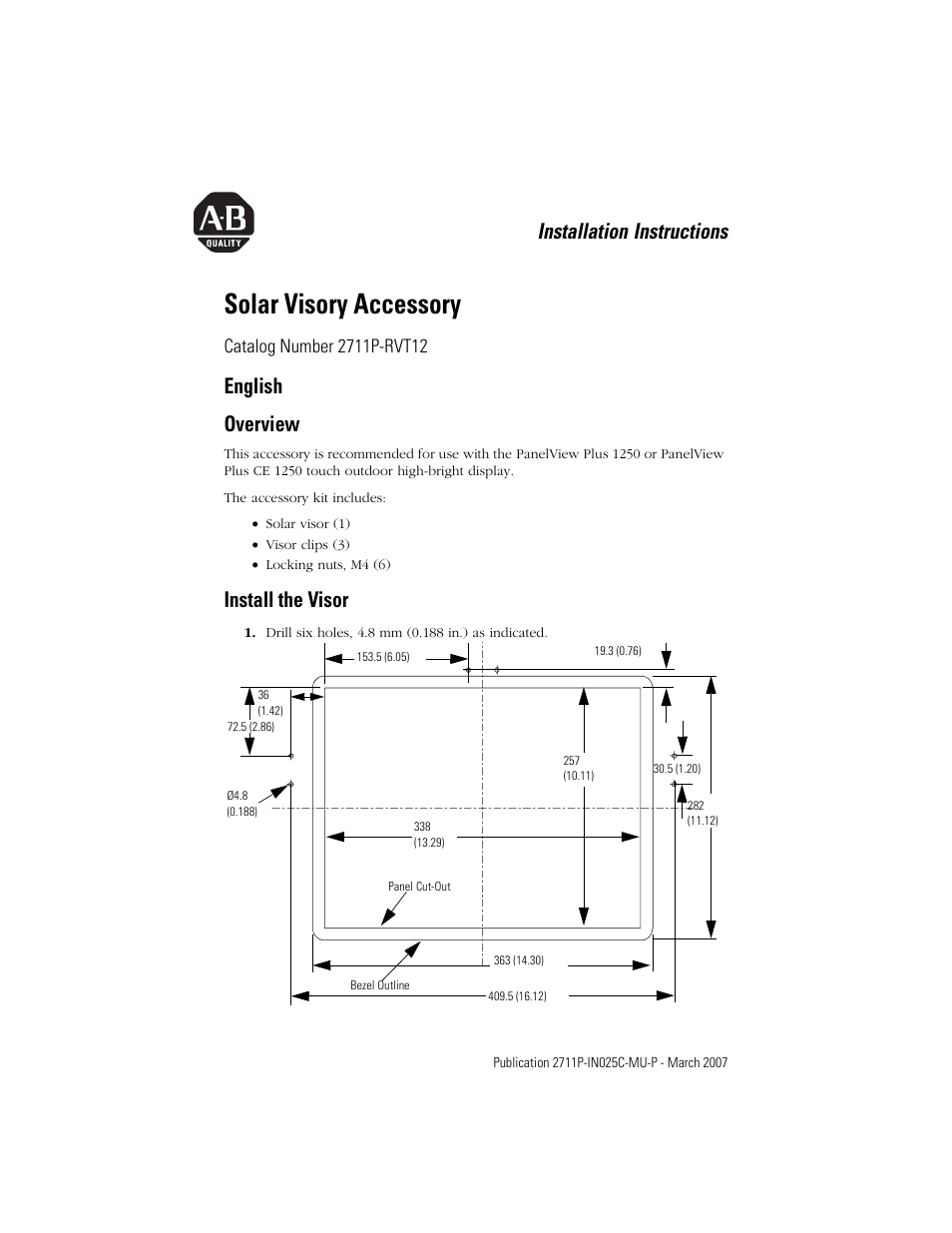 English, Overview, Install the visor | Solar visory accessory, Installation instructions, English overview | Rockwell Automation 2711P-RVT12 Solar Visor Accessory User Manual | Page 3 / 16