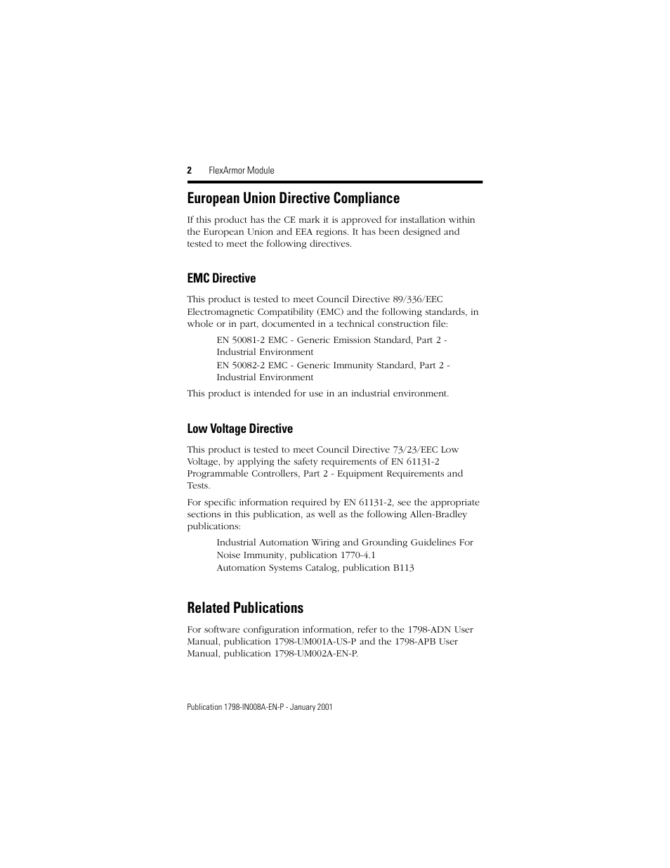 European union directive compliance, Related publications | Rockwell Automation 1798-N2 FlexArmor Module User Manual | Page 2 / 8