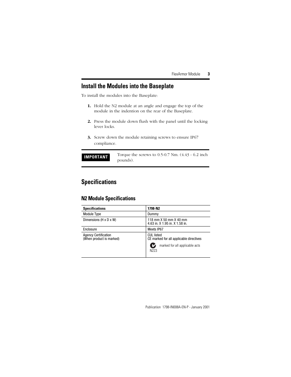 Install the modules into the baseplate, Specifications, N2 module specifications | Rockwell Automation 1798-N2 FlexArmor Module User Manual | Page 3 / 8