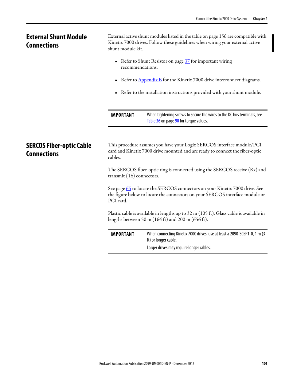 External shunt module connections, Sercos fiber-optic cable connections, External shunt module connections t | Rockwell Automation 2099-BMxx  Kinetix 7000 High Power Servo Drive User Manual User Manual | Page 101 / 190