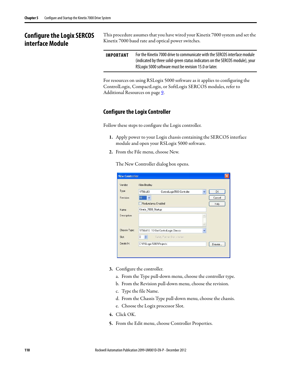 Configure the logix sercos interface module, Configure the logix controller | Rockwell Automation 2099-BMxx  Kinetix 7000 High Power Servo Drive User Manual User Manual | Page 110 / 190