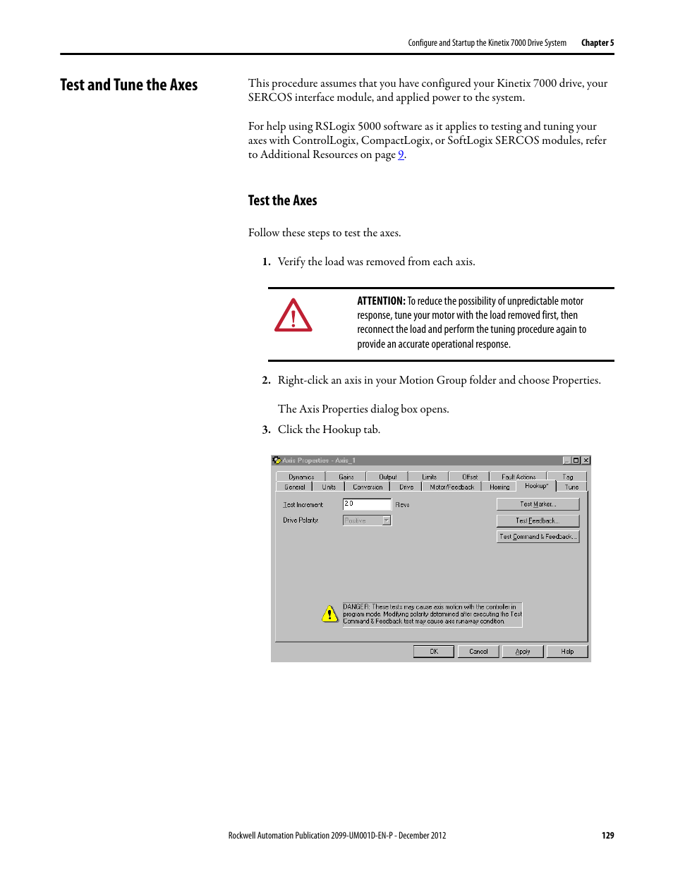 Test and tune the axes, Test the axes | Rockwell Automation 2099-BMxx  Kinetix 7000 High Power Servo Drive User Manual User Manual | Page 129 / 190