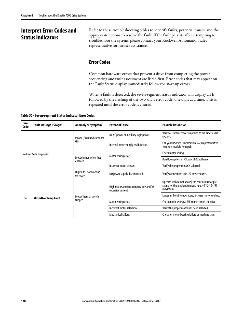 Interpret error codes and status indicators, Error codes, Interpret error codes and status indicators on | Rockwell Automation 2099-BMxx  Kinetix 7000 High Power Servo Drive User Manual User Manual | Page 138 / 190