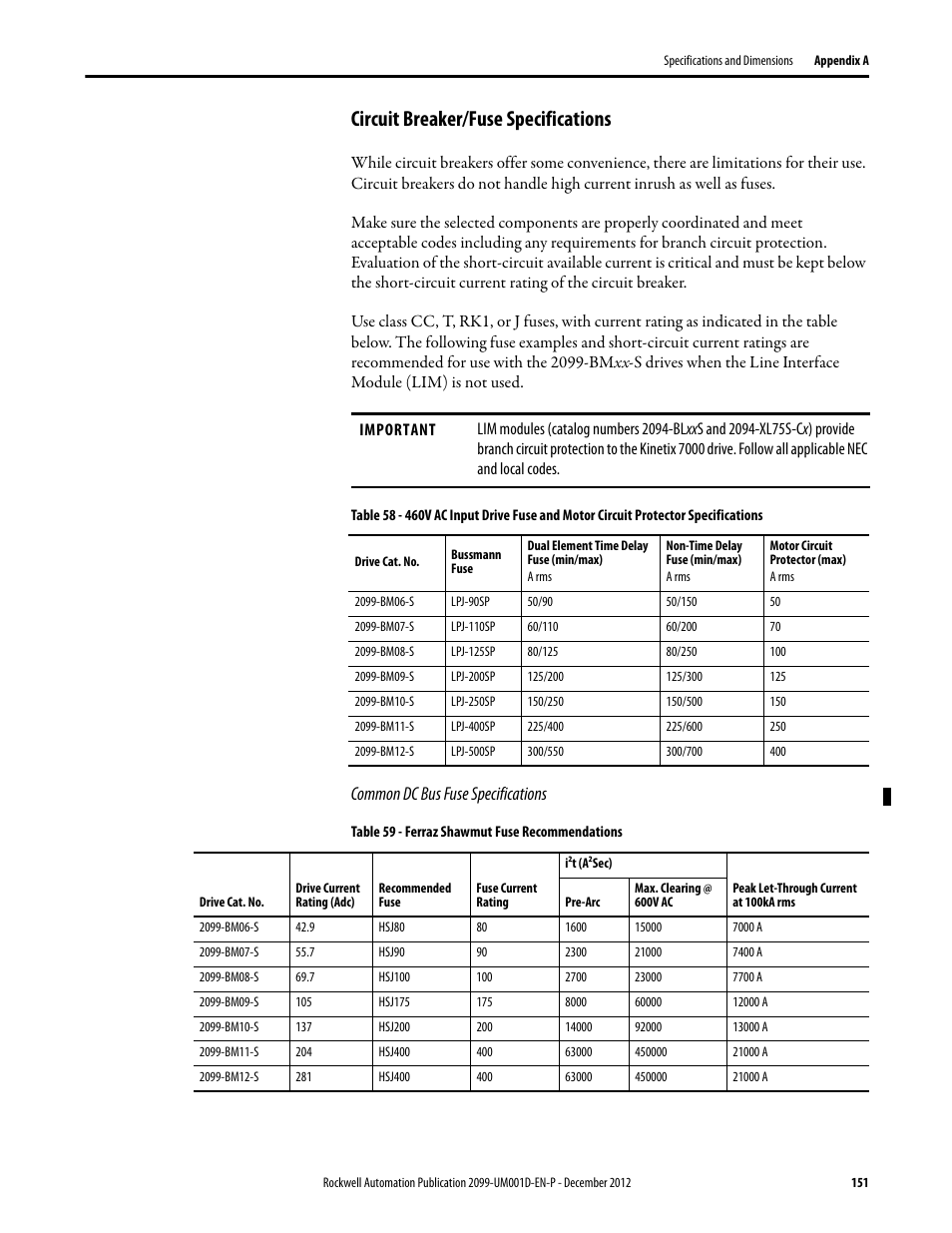Circuit breaker/fuse specifications, E circuit breaker/fuse specifications, Common dc bus fuse specifications | Rockwell Automation 2099-BMxx  Kinetix 7000 High Power Servo Drive User Manual User Manual | Page 151 / 190
