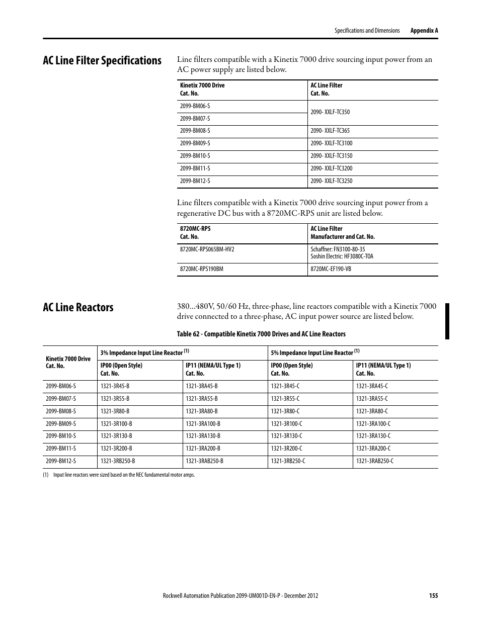 Ac line filter specifications, Ac line reactors, Ac line filter specifications ac line reactors | Rockwell Automation 2099-BMxx  Kinetix 7000 High Power Servo Drive User Manual User Manual | Page 155 / 190